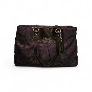 Coach Purple Signature Tote Bag with Leather Trim